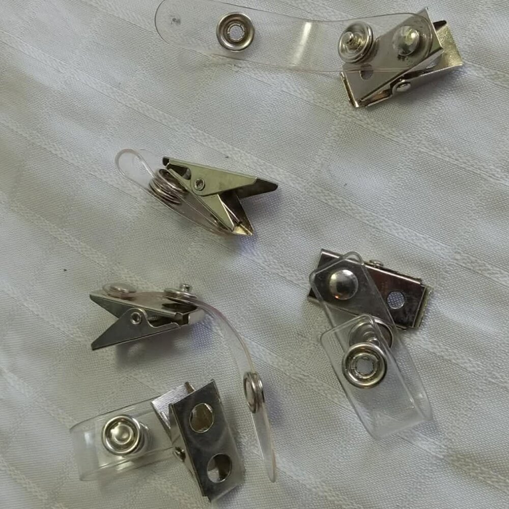 N- 6 nickel-plated metal crocodile clips with transparent plastic tabs for label